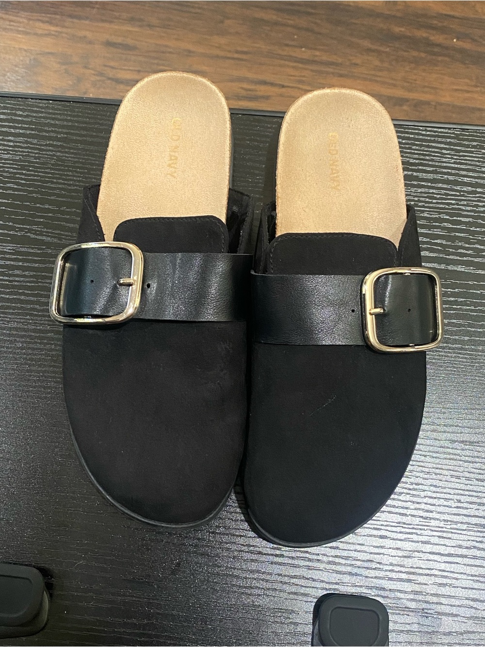 Old Navy Black Slip-On Mules with Gold Buckles